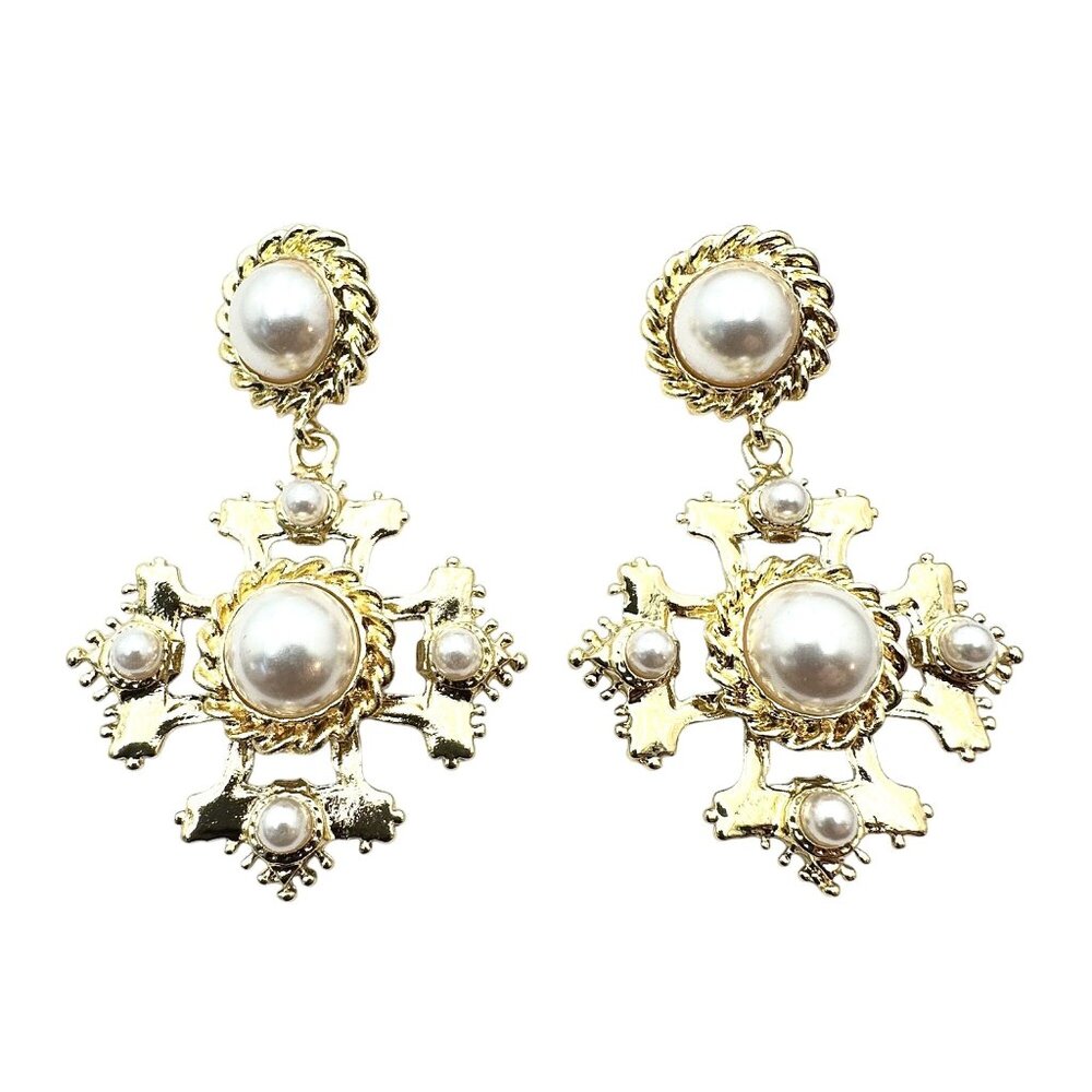 Womens Earrings Pierced Maltese Cross Faux Pearl Gold Tone Chandelier